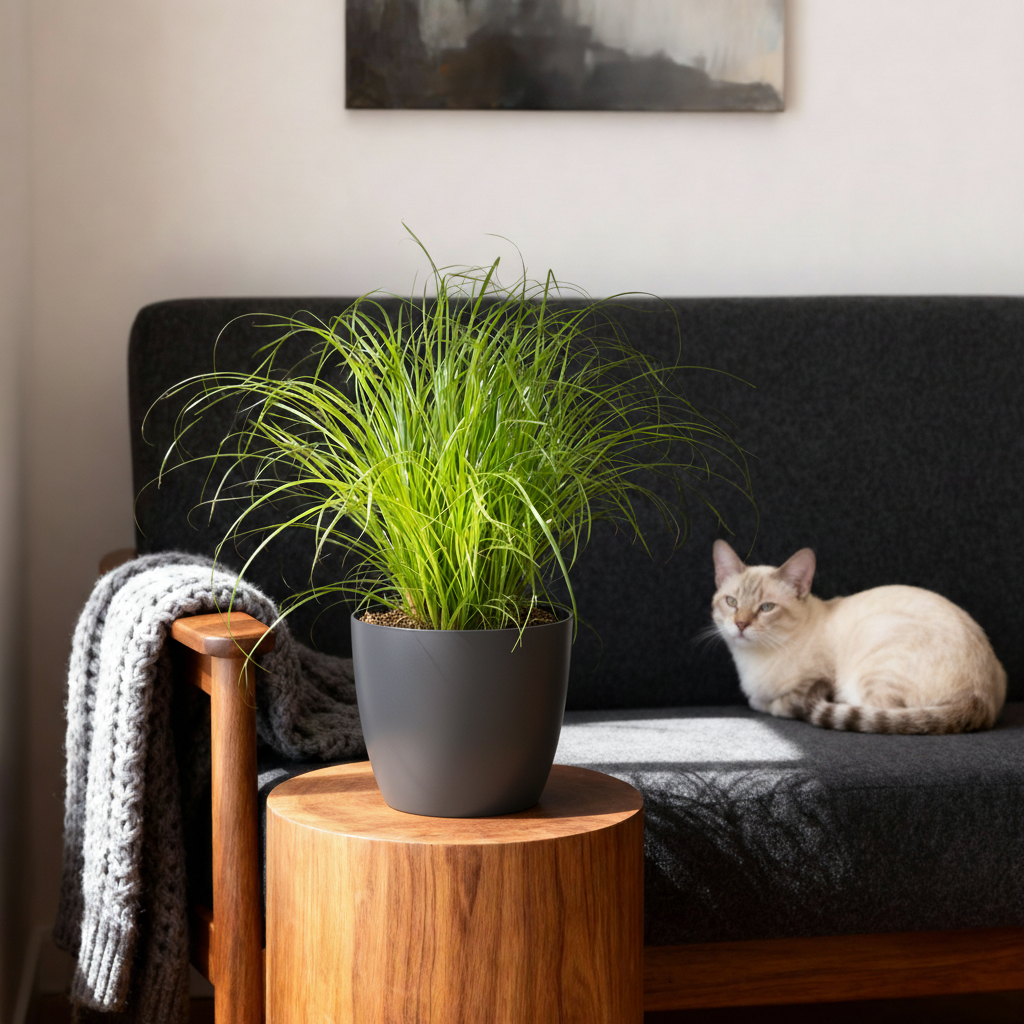 Cyperus alternifolius Zumula - Kattengras - Huisdiervriendelijke Plant - Groen - 1 Plant - met Potter Grijs - Pot 12cm - Hoogte 20cm