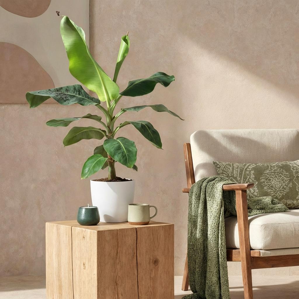 Musa acuminata Dwarf Cavendisch - Bananenplant - Weinig onderhoud - Groen - 1 Plant - met Potter Wit - Pot 21cm - Hoogte 70-75cm