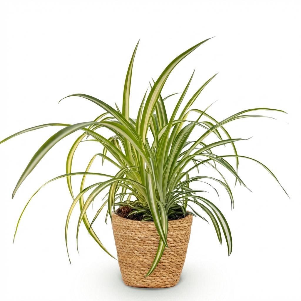 Green boutiQ - Kamerplant - Chlorophytum comosum Variegatum - Bonte Graslelie - Huisdiervriendelijke Plant - Groen - 1 Plant - met Mand - Pot 12cm - Hoogte 20cm