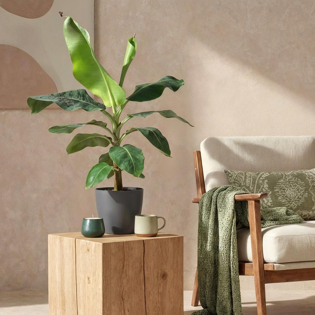 Musa acuminata Dwarf Cavendisch - Bananenplant - Weinig onderhoud - Groen - 1 Plant - met Potter Grijs - Pot 21cm - Hoogte 70-75cm