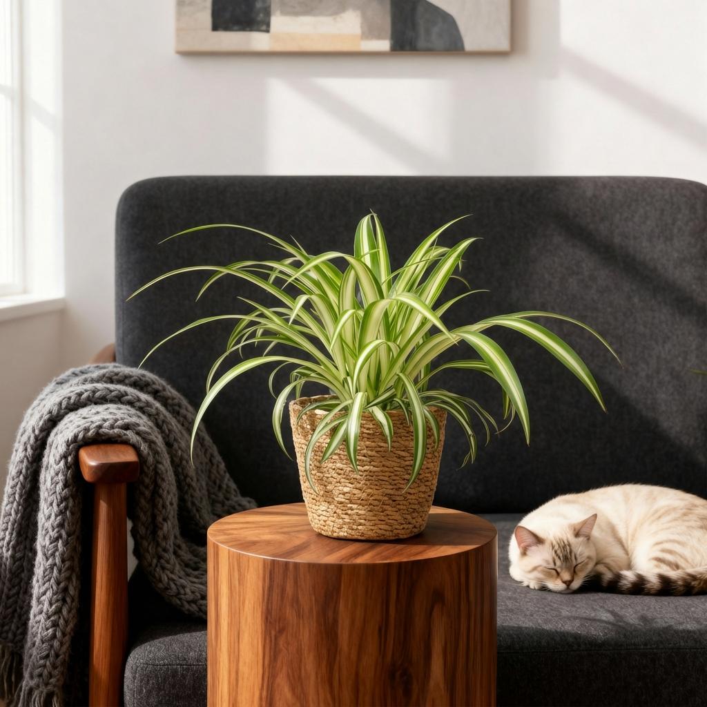 Green boutiQ - Kamerplant - Chlorophytum comosum Variegatum - Bonte Graslelie - Huisdiervriendelijke Plant - Groen - 1 Plant - met Mand - Pot 12cm - Hoogte 20cm