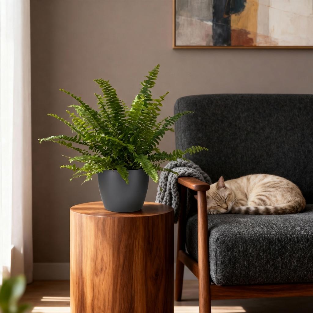 Nephrolepsis exaltata Green Lady - Varen - Huisdiervriendelijke Plant - Groen - 1 Plant - met Potter Grijs - Pot 12cm - Hoogte 25cm