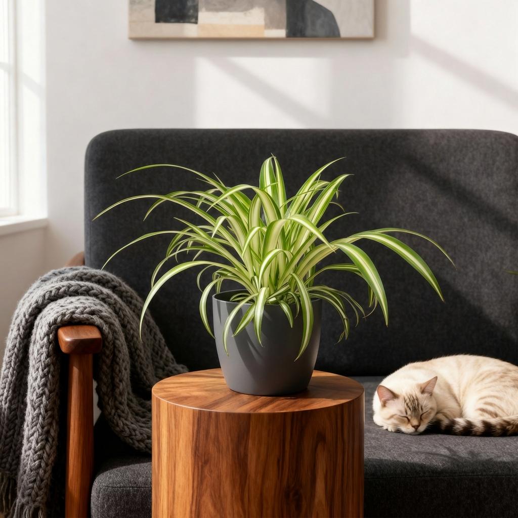 Chlorophytum comosum Variegatum – Bunte Grünlilie – Haustierfreundlich – Inklusive grauem Topf – Topfgröße 12 cm – Höhe 20 cm