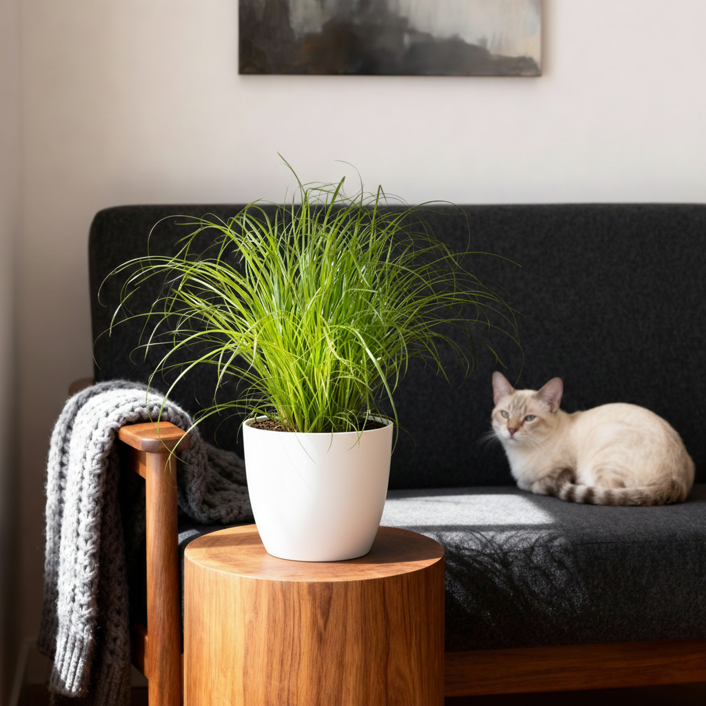 Cyperus alternifolius Zumula – Cat Grass – Pet-Friendly – Includes White Pot – Pot size 12 cm – Height 20 cm