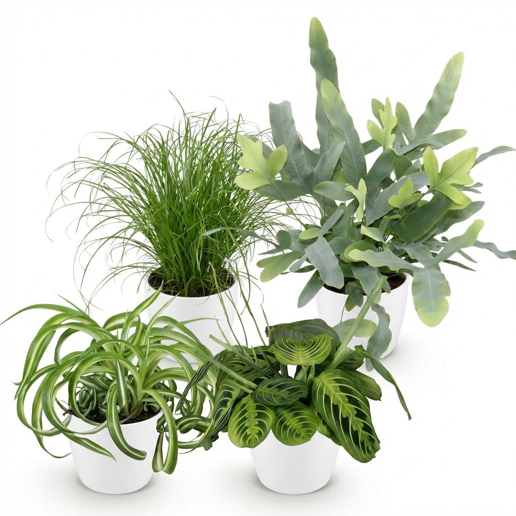 Chlorophytum – Cyperus – Phlebodium – Maranta – 4er-Mix – Tierfreundlich – Inklusive weißem Topf – Topfgröße 12 cm – Höhe 25 cm